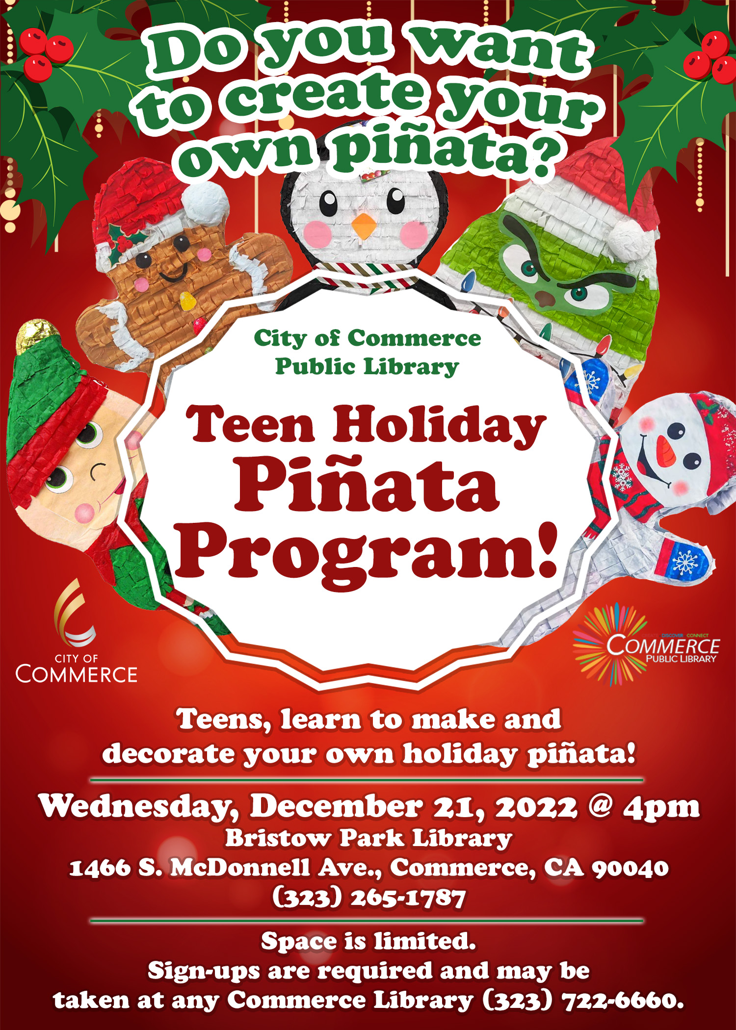 Teen Holiday Piñata Program -- Flyer for Library Program